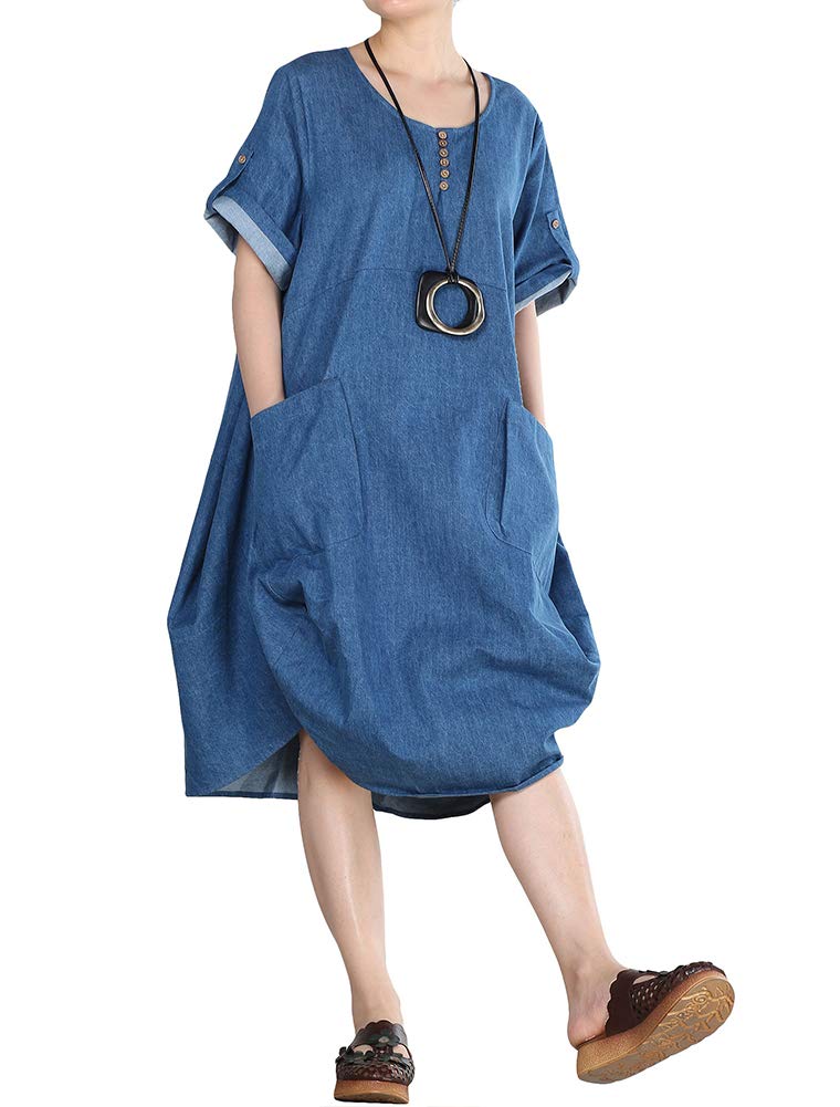 LaovanIn Women's Plus Size Tunic Dress Summer Cotton Linen T Shirt Knee-Length Dresses Denim Blue XXX-Large - Image 5